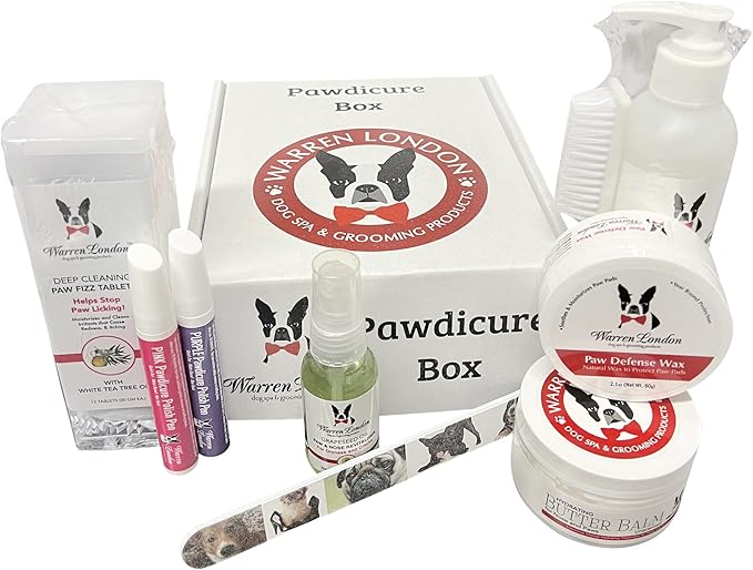Warren London Pawdicure Gift Box for Dogs – 8-Piece Luxury Paw Spa Set w/Paw Sani Scrub, Fizz Soak, Grapeseed Oil, Hydrating Butter Balm, Paw Defense Wax, Nail File & 2 Quick-Dry Nail Polish Pens