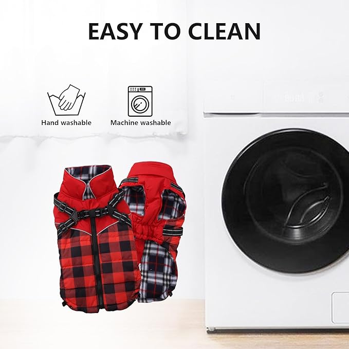 Dog Coat with Harness,Small Dog Winter Coat,Doggie Jackets with Built in Harness,Adjustable Warm Jacket for Medium Large Dogs,Pet Puppy Cold Weather Coats for Dogs Waterproof (PlaidRed, Large)