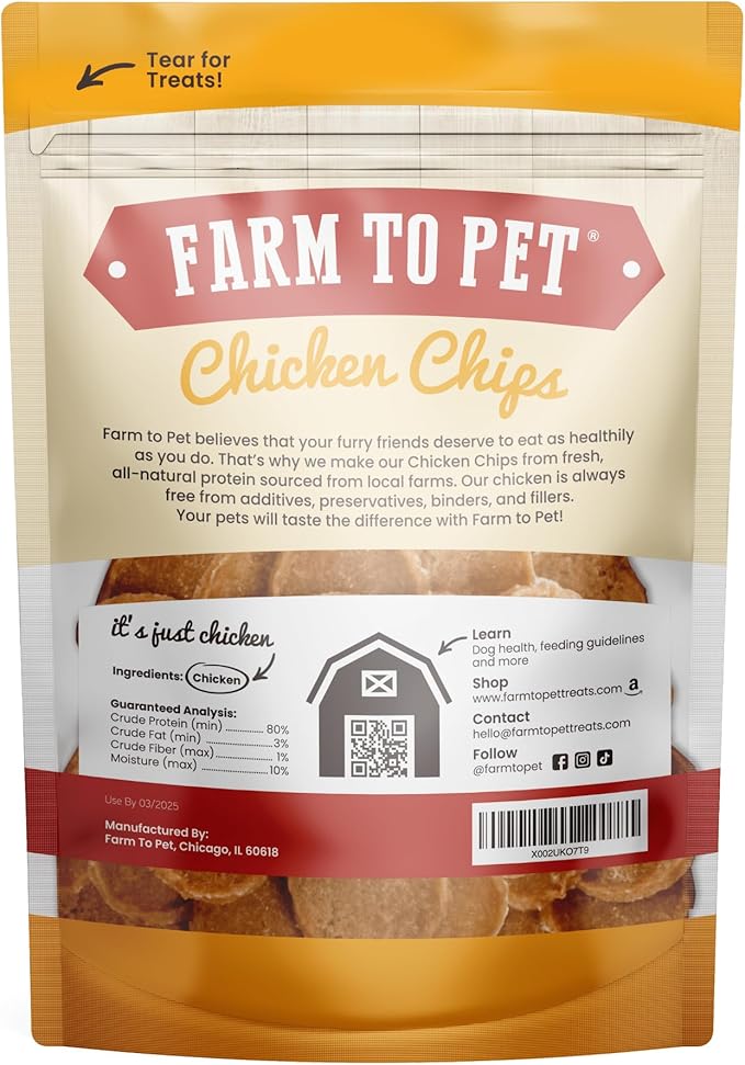 Farm To Pet - Dog Training Treats - Chicken Chips, Single Ingredient - 4 oz, Lean, All Natural, Healthy Dog Treats for Small, Medium, Large Breeds, & Puppies, Made in USA