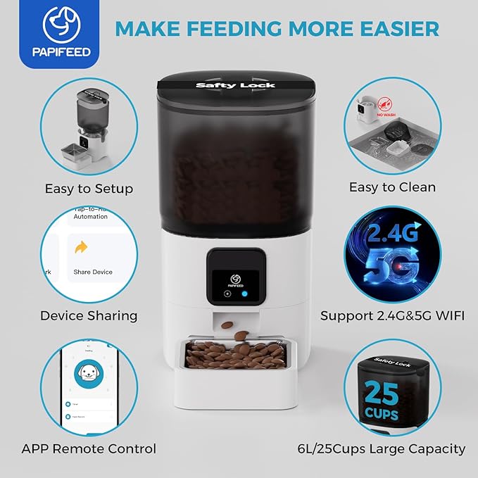 PAPIFEED 5G WiFi Automatic Cat Feeders: Smart Automatic Cat Food Dispenser with Slow Feeding Mode, Detachable for Easy Cleaning, Pet Feeder with Alexa, 1-30 Meals Per Day for Multiple Pets (6L/25 Cup)
