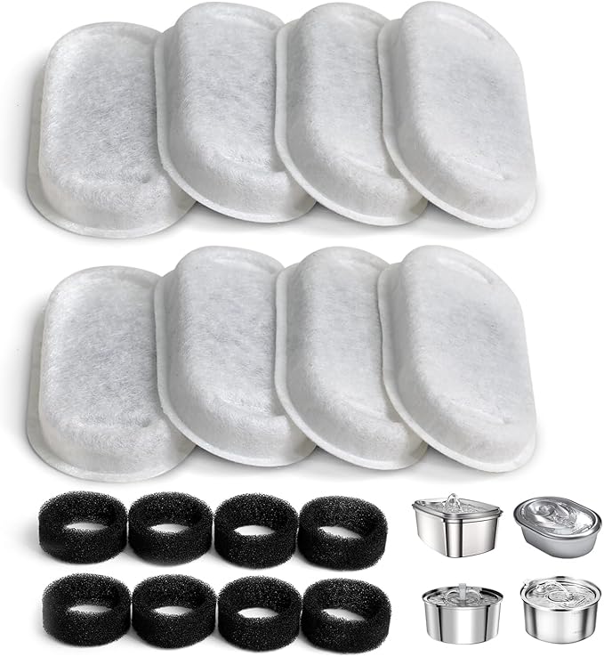 Cat Water Fountain Filter Compatible with Stainless Steel Dispenser, Efficient Filtration with Coconut Shell Activated Carbon and Fresh Water (8 Filters+8 Sponges)