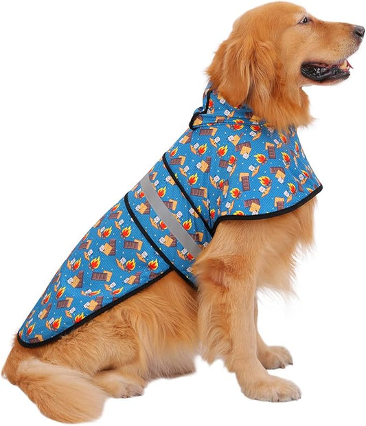 HDE Dog Raincoat Jacket Reflective Adjustable Hooded Pet Poncho Rain Coat with Leash Hole for Small to X-Large Dogs Happy Camper - L