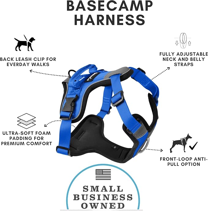 ShawnCo Basecamp Dog Harness, No-Pull Pet Vest with 3 Leash Clips, Padded, Reflective, Lightweight and Adjustable Harness with Handle for Small, Medium and Large Dogs (Electric Blue, M)