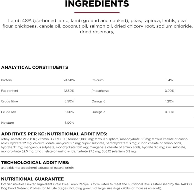 Go! Solutions Sensitivities Limited Ingredients, Grain-Free Dry Dog Food, Lamb Recipe for Sensitive Stomach, 22 lb Bag