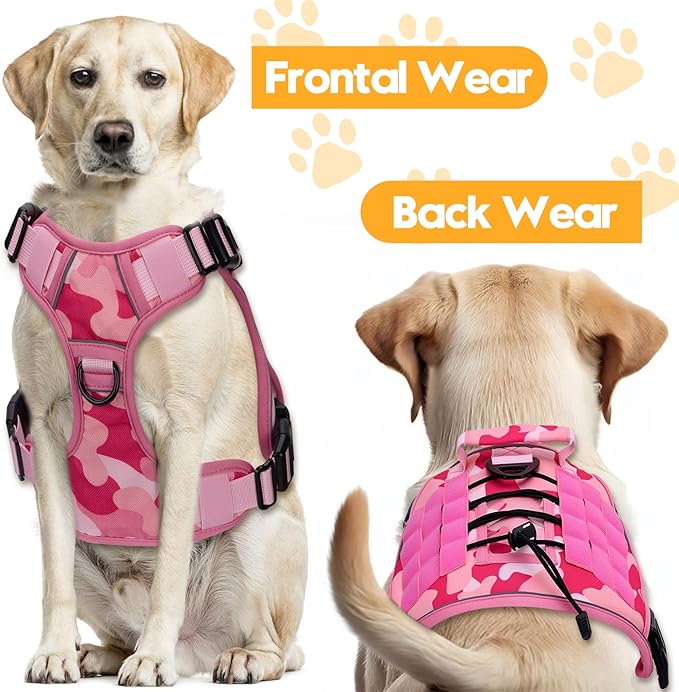 Heavy-Duty Tactical Dog Harness for Large Dogs, No Pull Adjustable Reflective Pet Vest with Molle System, K9 Military-Grade Control for Service Training, Outdoor & 10+ Breeds, Pink Camo, XX-Large