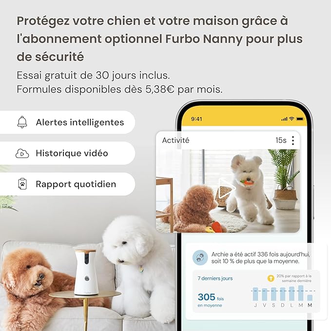 Furbo 360° Dog Camera: Pet Security Cam w/Barking Alerts, Rotating View, Treat Toss w/Phone App, Smart Home Puppy Monitoring, 2-Way Speaker, No Subscription Needed. Standard See, Talk, & Toss Features