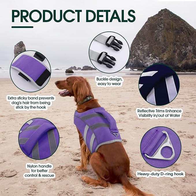Kuoser Dog Life Jacket with Reflective Stripes, Adjustable High Visibility Doggie Water Vest Ripstop Puppy Lifesaver Pet Life Preserver for Small Medium and Large Dogs Puple XL