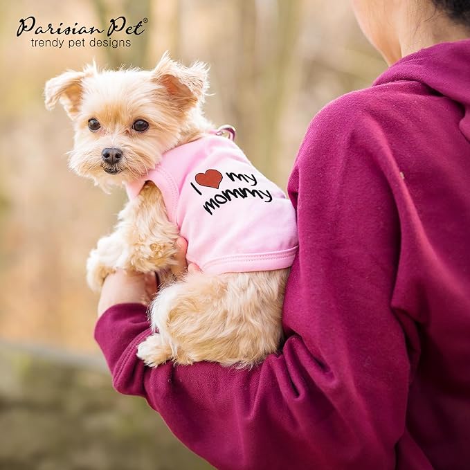 Parisian Pet Dog T-Shirt with Embroidered 'I Love My Mommy' Words - 100% Cotton, Pink Dog Clothes - Sleeveless Pet Vest - Machine Washable Shirt for Large Dogs, 3XL