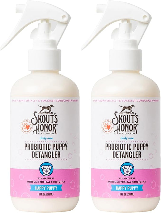 Skout's Honor Probiotic Pet Detangler Spray- Hydrating & Conditioning w/Avocado Oil, 97% Natural, Paraben & Sulfate-Free, softens for a More brushable Coat, Daily Use, 8oz, Happy Puppy, 2-Pack