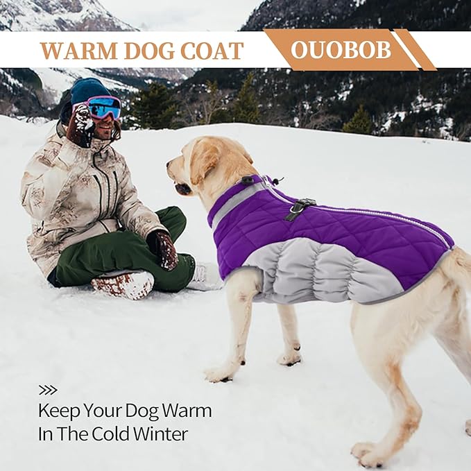 Winter Dog Coat,Large Dog Jacket,Waterproof Pet Jacket with Back Zipper,Pet Coat with Harness Built in,Warm Dogs Coat with Fleece Lined, Snow Jacket Clothes French Bulldog Shiba Inu,Purple,L