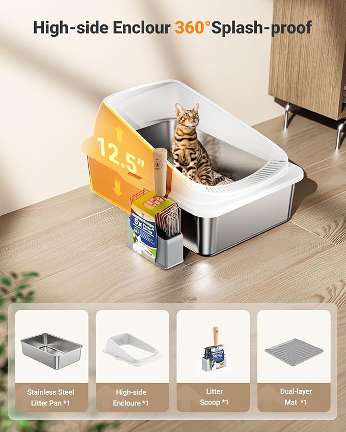 Stainless Steel Cat Litter Box with Scoop, Metal Litter Box High Sided, Cat Litter Box Enclosure, XL Extra Large High-Sided Litter Boxs (Anti-Urine Leakage, Include Scoop) (Black＆White)
