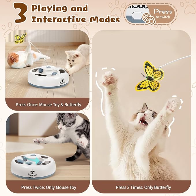 Pawaboo 3-in-1 Automatic Interactive Cat Toy, Electronic Motion Kitten Toy with Fluttering Butterfly Teasers, Track Ball & Random Hide Mouse, USB Rechargeable Cat Teaser Mouse Toys for Indoor Kitties