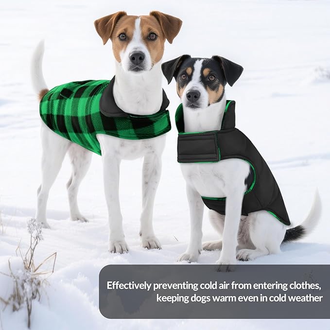 ASENKU Dog Winter Coat, Fleece Doggie Jacket Plaid Reversible Vest Waterproof Windproof Cold Weather Clothes for Small Medium Large Dogs (Green,3XL)