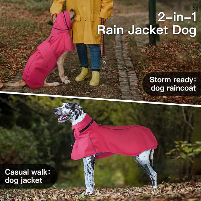 Dog Raincoat, Waterproof Dog Rain Jacket with Convertible Hood/Collar, Adjustable Belly-Protect Rain Coat for Meidum Dogs Poncho Reflective (Neon Pink, M)