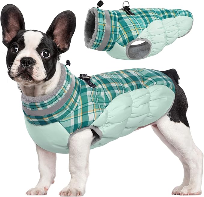 FUAMEY Dog Coat for Small Dogs,Waterproof Dog Winter Jacket with Harness Built in Puppy Cold Weather Coats Reflective Pet Vest with Zipper Warm Fleece Dogs Snowsuit Windproof Green Plaid S