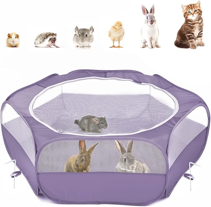 Pawaboo Small Animals Playpen, Waterproof Small Pet Cage Tent with Zippered Cover, Portable Outdoor Yard Fence with 3 Metal Rod for Chick/Kitten/Puppy/Guinea Pig/Rabbits/Hamster/Chinchillas, Purple