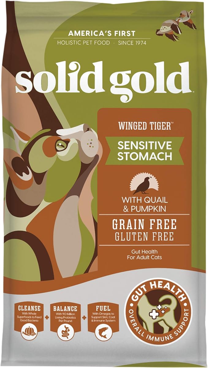 Solid Gold Sensitive Stomach Dry Cat Food - Grain Free & Gluten Free Sensitive Stomach Cat Food for Indoor Adult & Senior Cats - Dry Kibble for Cats w/Quail, Pumpkin & Probiotics for Gut Health - 6lb