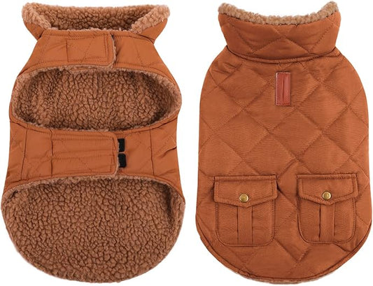 Queenmore Warm Puffer Dog Coat, Quilting Winter Jacket Ultra Thick Plush Lining with Storage Pockets (Brown, Small)