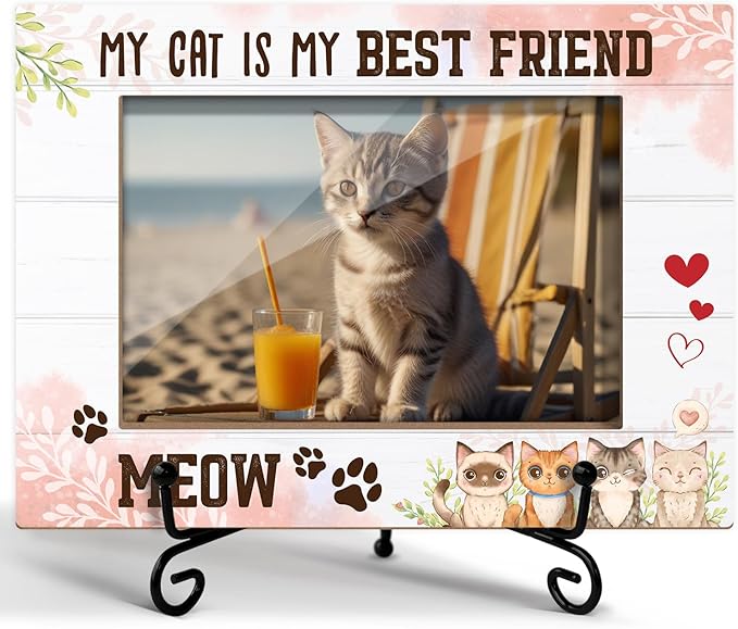 Cat Picture Frame, Pet Picture Frame Cat Lover Gifts for Friends Mom, Wooden Photo Frame with Stand, 4"x6" Photo Frame for Tabletop Display, Home Office Bedroom Decor Shelf Display/XK43