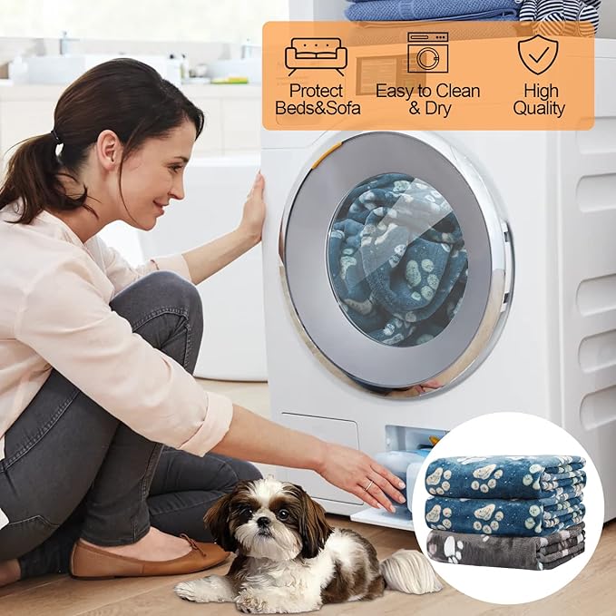 Rezutan Premium Dog Blankets for Large Dogs & Cat Flannel Blanket Washable, Soft Pet Throw Cover for Kennel Crate Bed, Sofas, Cute Paw Pattern,41x31 inch,1Gray & 2Blue