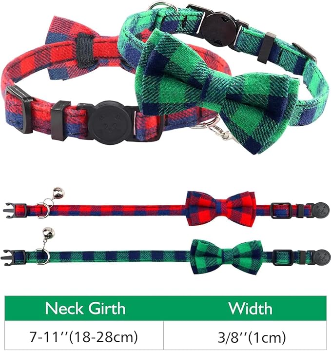 Joytale Upgraded Cat Collar with Bells, Breakaway Cat Collars with Bow Tie, 2 Pack Girl Boy Safety Plaid Kitten Collars, Green+Red
