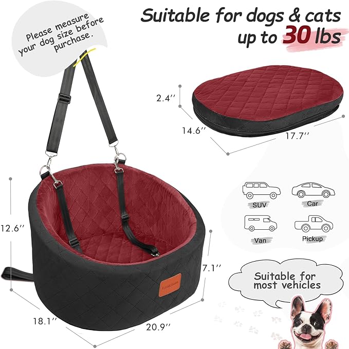 Dog Car Seat for Small Dogs Up to 30 Lbs,Ultra Soft Fabric Fill in Comfy Memory Foam,Happy Pet Ride,2 Safety Dog Leashes,Fully Detachable and Washable,Anti Slip Base(Black/Red)
