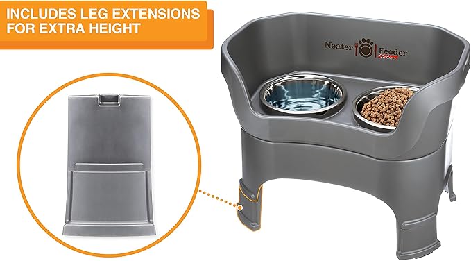 Neater Feeder Deluxe Mess Proof Dog Bowls Elevated for Large Dogs – Made in USA – No Spill Raised Dog Food Bowl Stand w/Leg Extensions – Stainless Steel Dog Food and Water Bowl Set – Grey