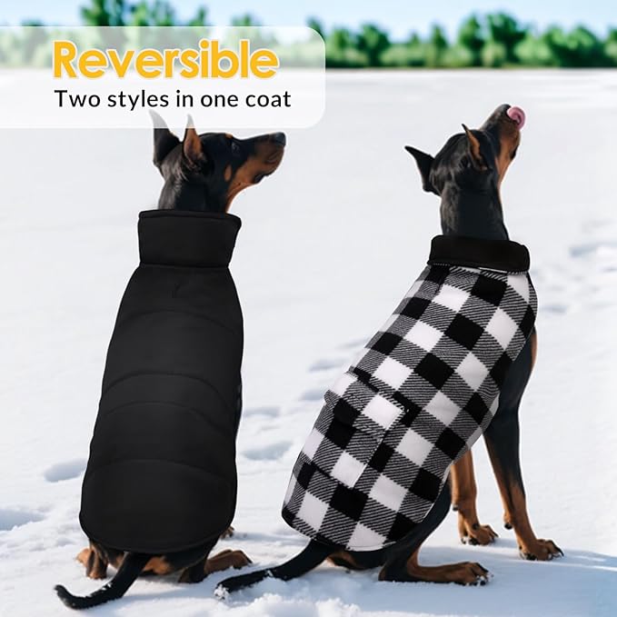ASENKU Dog Winter Coat, Fleece Doggie Jacket Plaid Reversible Vest Waterproof Windproof Cold Weather Clothes for Small Medium Large Dogs (XS, White)