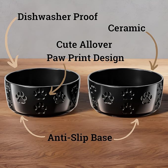 Ceramic Dog Bowl Set of 2 with Anti-Skid Base - 5" Wide x 2" Tall Ceramic Dog Bowls for Small Dogs - 2 Cup Capacity Food and Water Bowls for Dogs - Rubber Bottom Pet Bowl Set of 2 for Small Pets