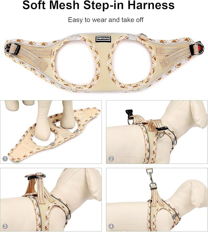 Mercano Soft Mesh Dog Harness and Leash Set, No-Chock Step-in Reflective Breathable Lightweight Easy Walk Vest Harnesses with Safety Buckle for Small Dogs, Cats (Beige, XS)