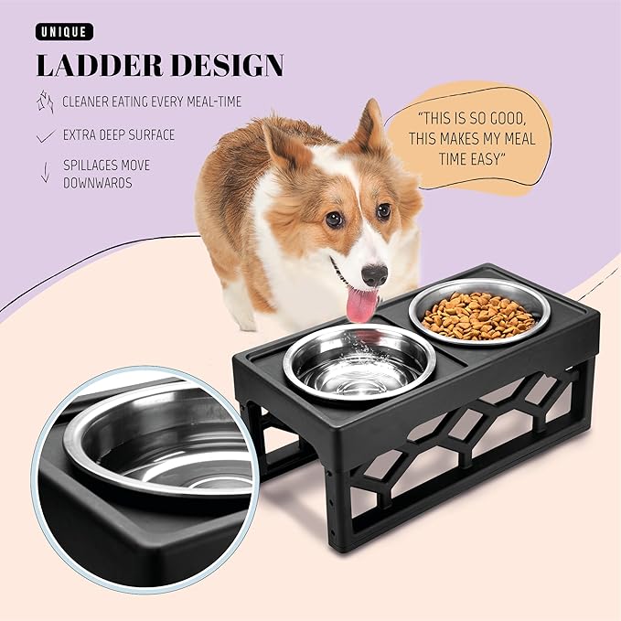 AVERYDAY Small Dog Bowls Elevated, 4 Height Adjustable Raised Dog Bowl Stand with 2 Stainless Steel Food and Water Bowls Set, Tall Dogs Feeding Station with Anti-Slip Base for Small Medium Breeds Dogs