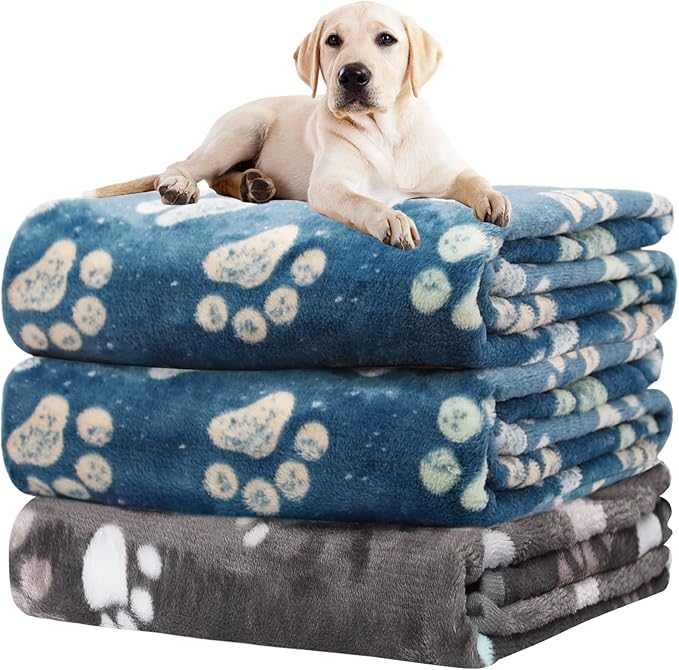 Rezutan Premium Dog Blankets for Large Dogs & Cat Flannel Blanket Washable, Soft Pet Throw Cover for Kennel Crate Bed, Sofas, Cute Paw Pattern,41x31 inch,1Gray & 2Blue