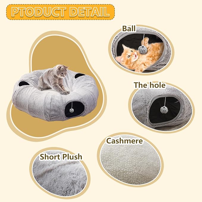Cat Tunnel Bed for Indoor Cats - Cute Cat Donut Tunnel with Washable Circle Cushion, Round Pet Play Tunnel Toy for Kitten/Puppy/Rabbit,Grey