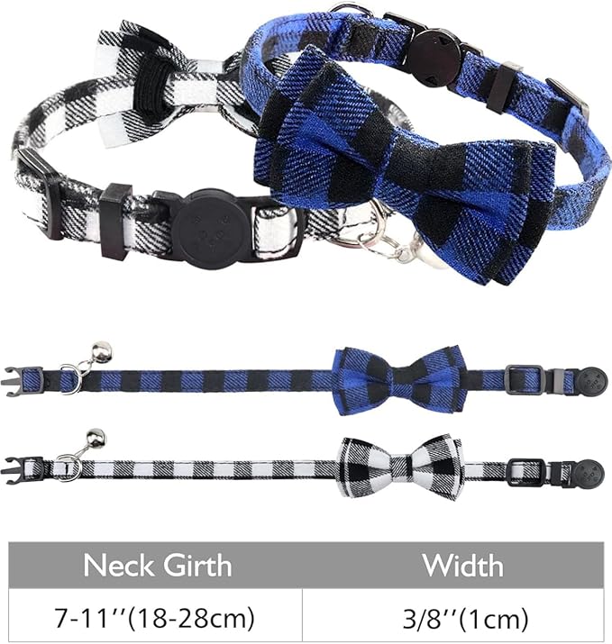 Joytale Upgraded Cat Collar with Bells, Breakaway Cat Collars with Bow Tie, 2 Pack Girl Boy Safety Plaid Kitten Collars, Black+Blue