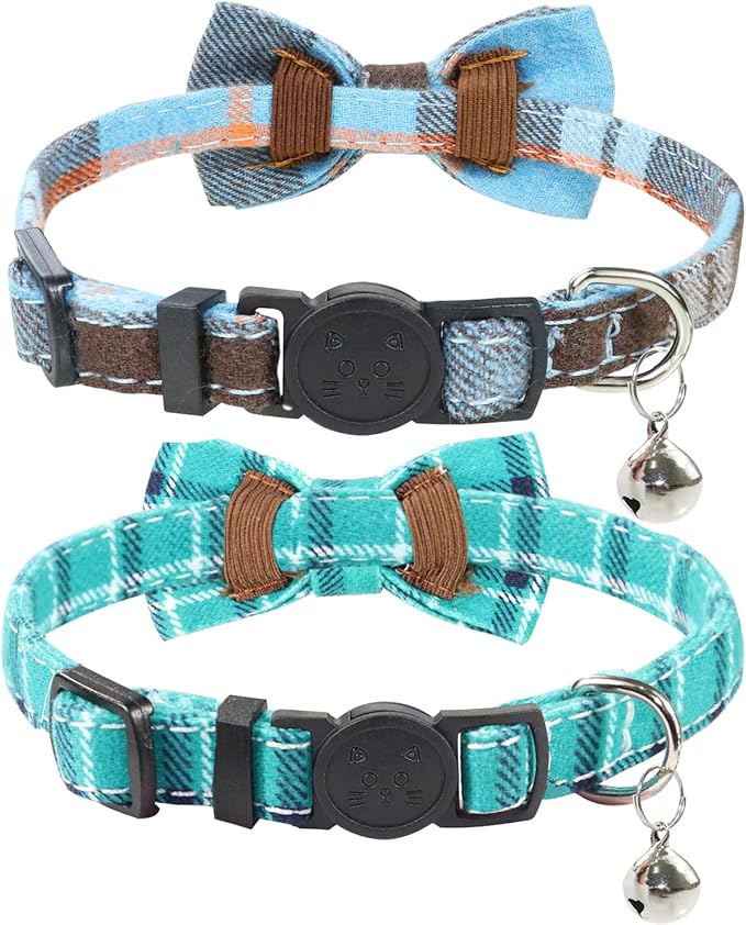 Joytale Upgraded Cat Collar with Bells, Breakaway Cat Collars with Bow Tie, 2 Pack Girl Boy Safety Plaid Kitten Collars, Haze Blue+Teal