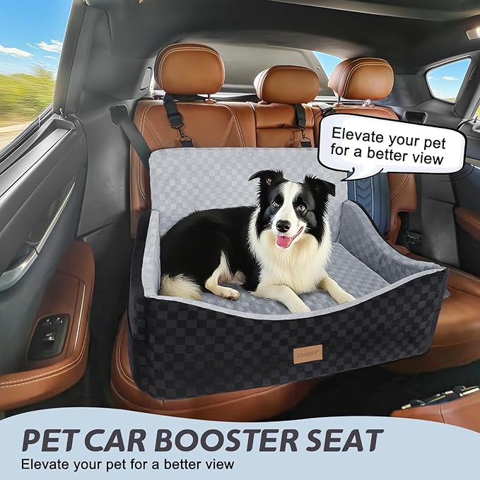 JOEJOY Dog Car Seat for Medium/Large Dogs - Reversible Dual-Sided Travel Dog Car Bed with Memory Foam, Washable Pet Booster Seat for Dogs up to 55 lbs or 2 Small Dogs, 2 Safety Leashes (Black/Grey)