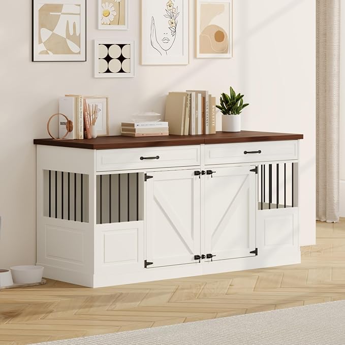 Large Dog Crate Furniture - Wooden Indoor Dog Kennel Furniture for 2 Dogs with 2 Drawers and Removable Divider, Heavy Duty Dog Crate Table, 63" L x 23.6" W x 31.5" H, White