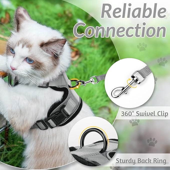 rabbitgoo Cat Harness and Leash for Walking, Escape Proof Soft Adjustable Vest Harnesses for Cats, Easy Control Breathable Reflective Strips Jacket, Grey, M