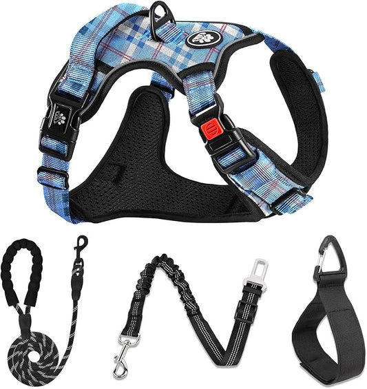 NESTROAD No Pull Dog Harness with Leash, Reflective No Choke Pet Vest Harness,Adjustable Soft Padded Dog Harness with Easy Control Handle for Small Dogs(Checkered Blue,Small)