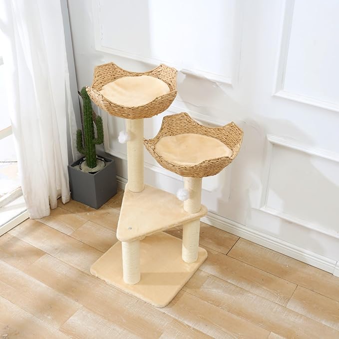 SHENGOCASE Cat Tree Tower with Rattan Wicker Basket, 2 Large Nest Baskets Bed, Window Perch for Large Cats up to 25 lbs