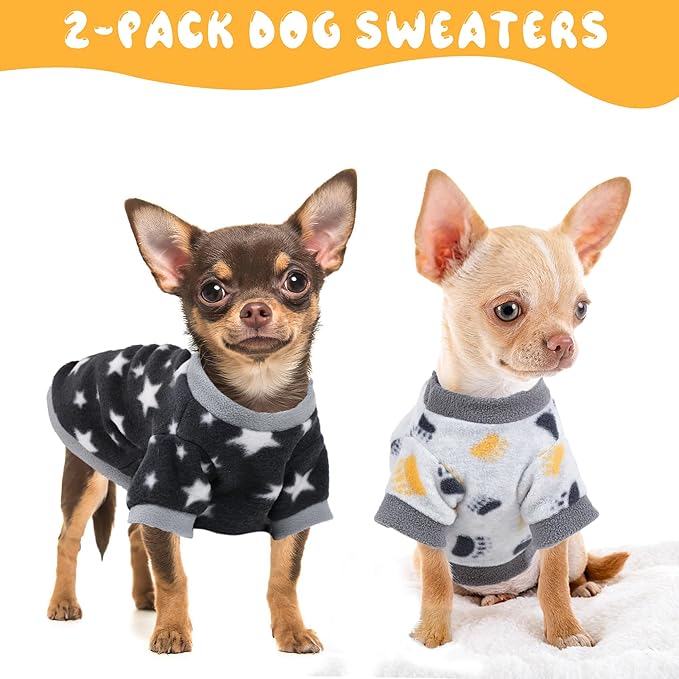 2 Pieces Dog Sweaters for Small Dogs, Fall Winter Fleece Dog Clothes, Soft and Warm Puppy Sweater Doggie Coat for Winter Pet Cloting for Chihuahua Yorkie (Dog Paws, Stars, Medium)