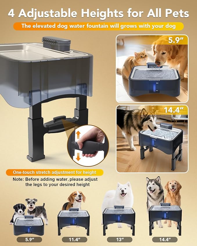 UPSKY 2.25Gal Elevated Dog Water Fountain, 4 Heights Adjustable Pet Fountain for All Dog Sizes, 304 Stainless Steel Tray Indoor Drinking Dispenser with Ultra-Quiet Pump & 4 Replacement Filters Blue