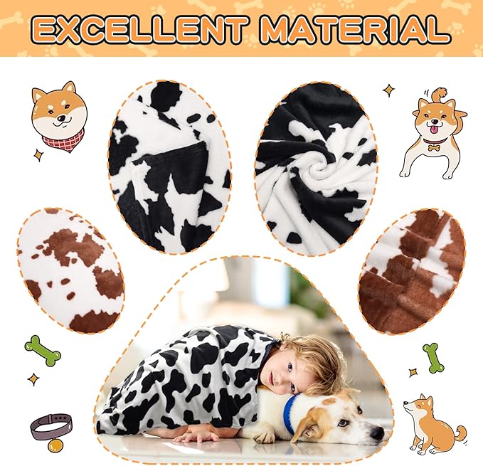 Rezutan 1 Pack 3 Blankets for Dogs, Dog Blanket for Large & Medium Pet Cat, Premium Soft Fluffy Suitable for Dog Kennels & Beds, Sofas, Gifts Puppy Essentials, 41x31inch, Black Brown White Cow Print