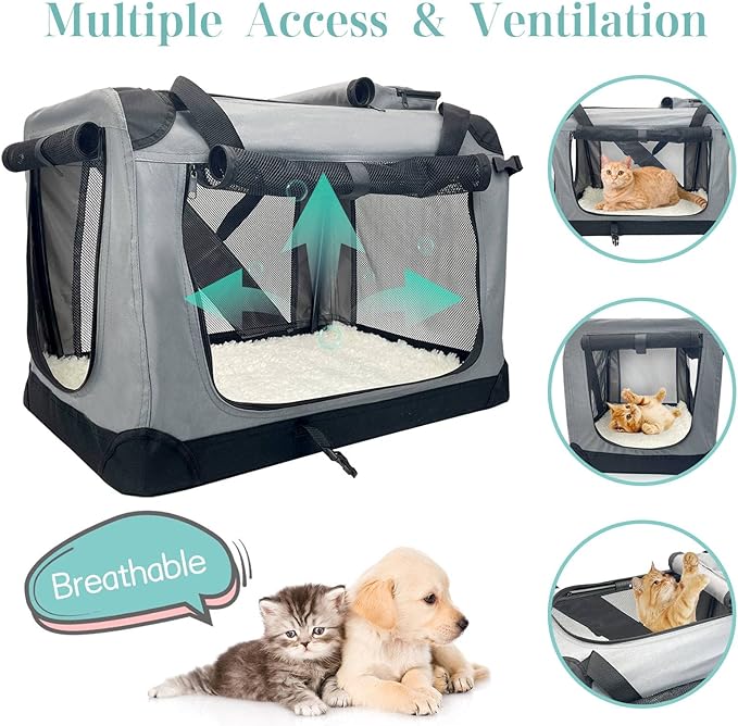 Fhiny Large Cat Carrier for 2 Cats, 24"x17"x17" Soft Dog Crate Collapsible Portable Travel Pet Carrier Bag Durable Breathable Foldable Kitten Carrier Bag for Puppy Cats Under 45 Lbs Grey