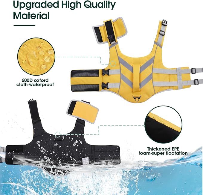 Kuoser High Visibility Dog Life Jacket with Reflective Stripes - Adjustable Ripstop Pet Lifesaver with High Flotation for Small, Medium & Large Dogs