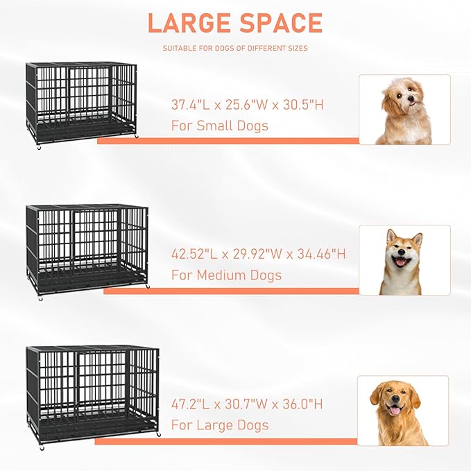 LEMBERI 48/38 inch Heavy Duty Indestructible Dog Crate, Escape Proof Dogs Cage Kennel with Lockable Wheels,High Anxiety Double Door Kennel,Extra Large Crate Indoor for Large Dog with Removable Tray