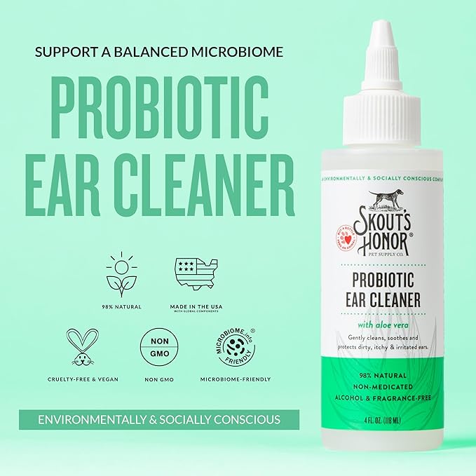 SKOUT'S HONOR Probiotic Dog Ear Cleaner Solution with Aloe Vera - Alcohol-Free, Fragrance-Free, Non-Medicated Ear Wash for Dogs - Microbione Friendly Certified, 4 oz.,