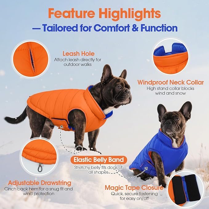 QBLEEV Reversible Dog Coat, Orange Hunting Safety Vest for Dogs, L Waterproof Dog Winter Coats, Warm Lightweight Windproof French Bulldog Jacket, Adjustable Snowproof Puffer Coat for Medium Dogs
