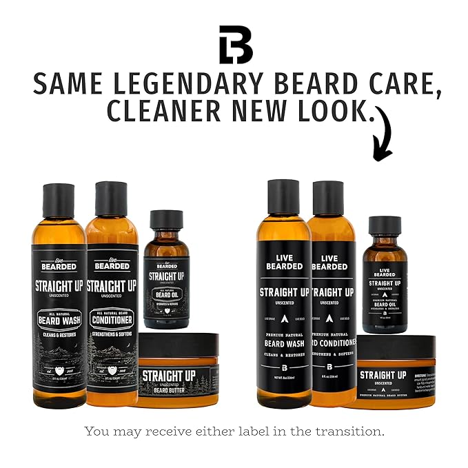 Live Bearded Complete Beard Grooming Kit - Wash, Conditioner, Butter and Oil - Made in the USA with All-Natural Ingredients - Mens Groom Set | Straight Up Unscented - Fragrance-Free