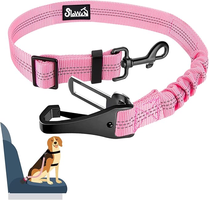 SlowTon Dog Seat Belt, Adjustable Dog Safety Belt Leash, 2 in 1 Latch Bar Attachment Dog Car Seatbelt with Elastic Nylon Bungee Buffer, Reflective Nylon Belt Tether(Pink,35.5in)